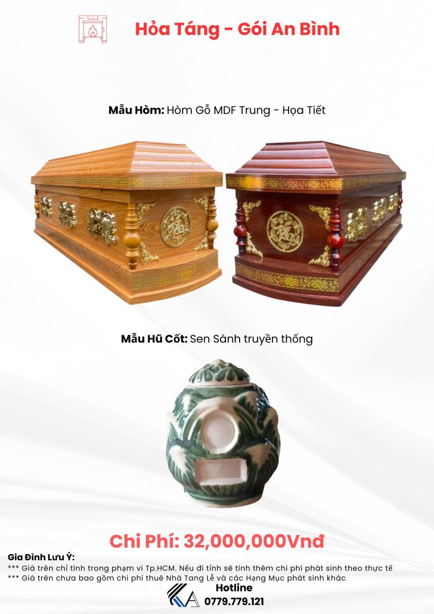 gói thiêu 32 tr hòm MDF hũ cốt sen sành